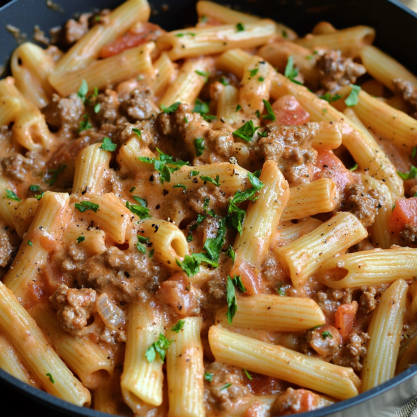 One-Pot Creamy Tomato Beef Pasta