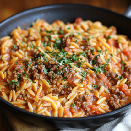 Ground Beef Orzo with Tomato Cream Sauce Recipe