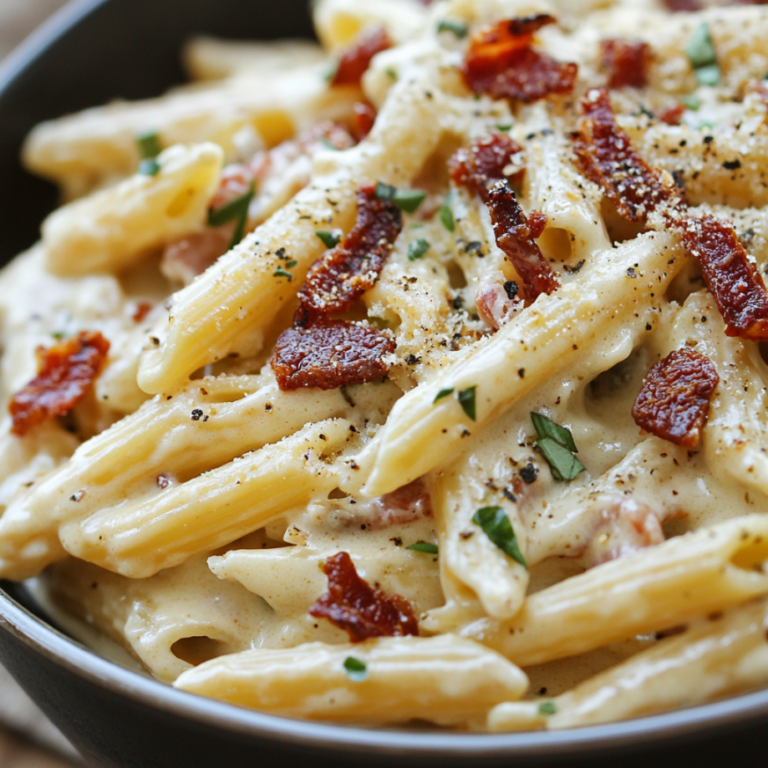 Creamy Penne Alfredo with Bacon and Sun Dried Tomato